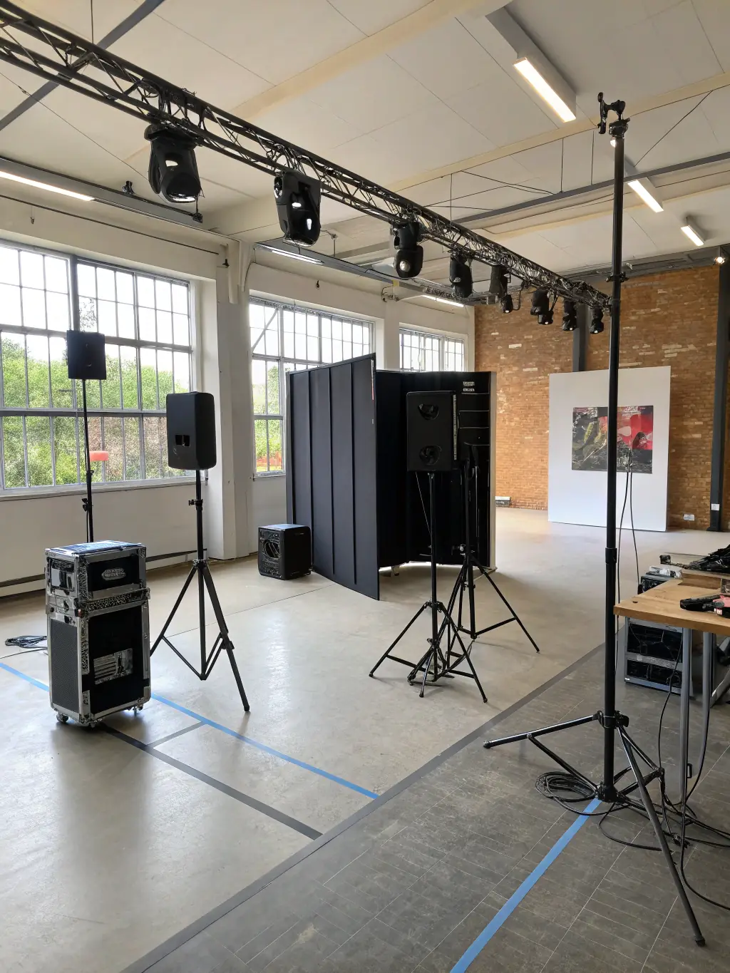 A wide shot of a studio showcasing its flexible layout and modular design, with movable furniture and adaptable spaces. The image should highlight the studio's versatility.