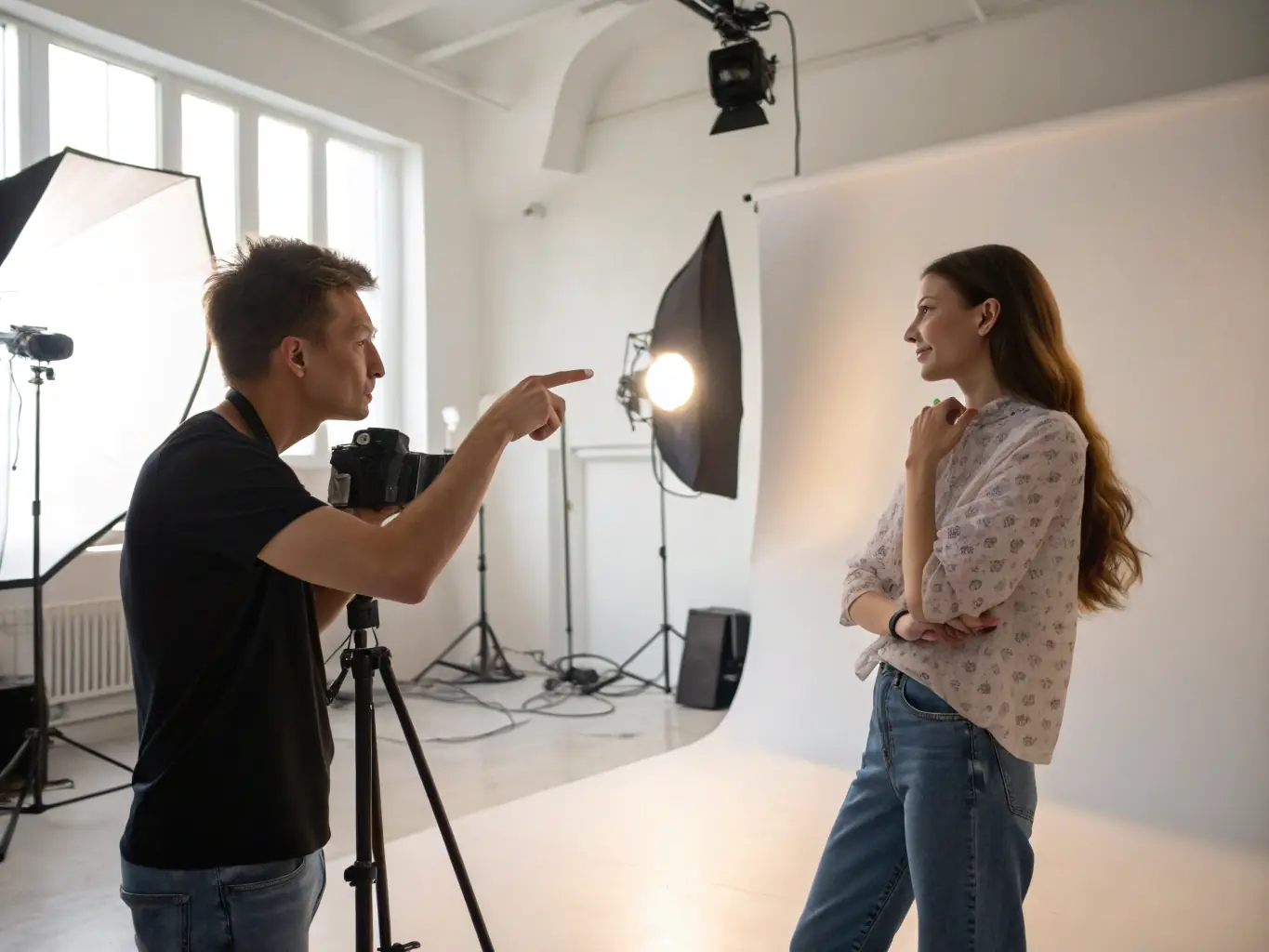 A photographer in a Nyvenza studio, adjusting lighting equipment while shooting a model. The studio is clean, modern, and well-equipped, showcasing the professional environment.
