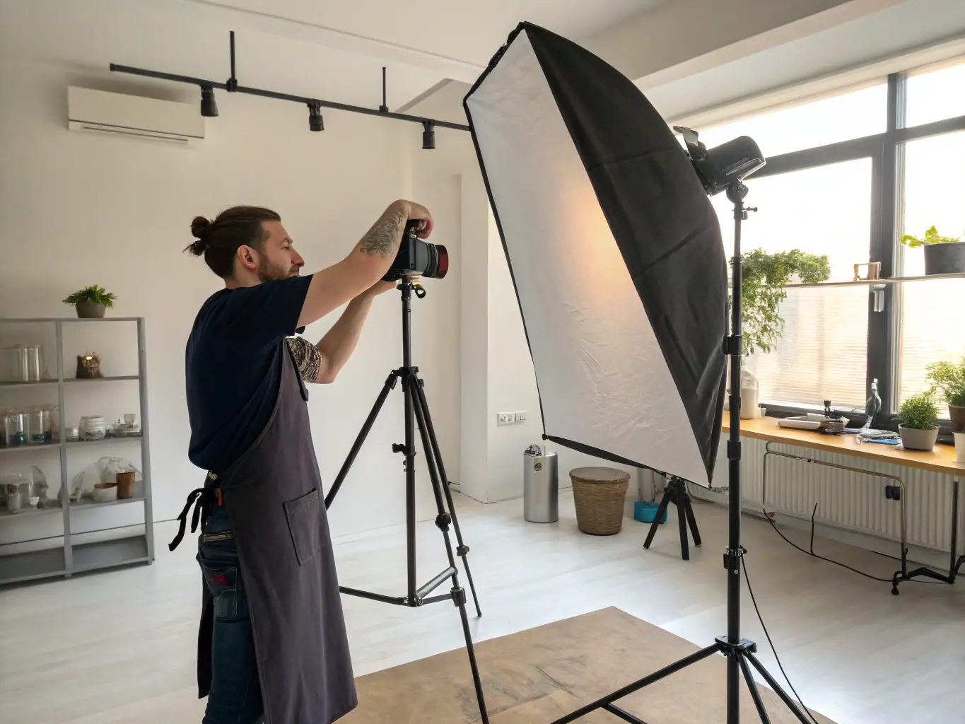 A photographer shooting a fashion editorial in a studio with professional lighting and backdrops at Nyvenza, demonstrating the versatility of the space.