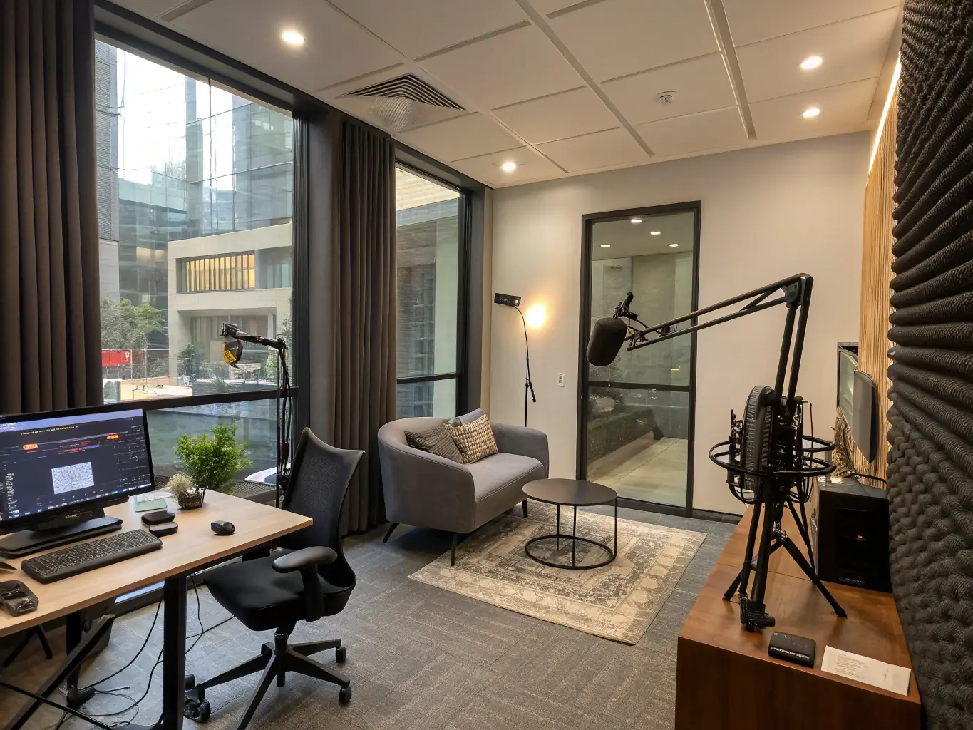 A modern podcast studio with microphones, soundproofing, and comfortable seating for guests.
