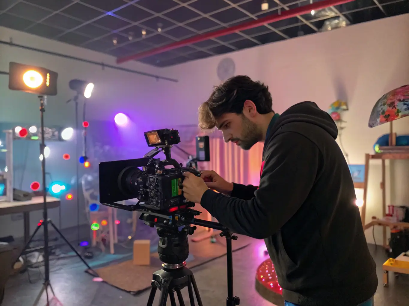 A content creator filming a video in a modern, well-lit studio at Nyvenza, showcasing the ideal environment for video production.