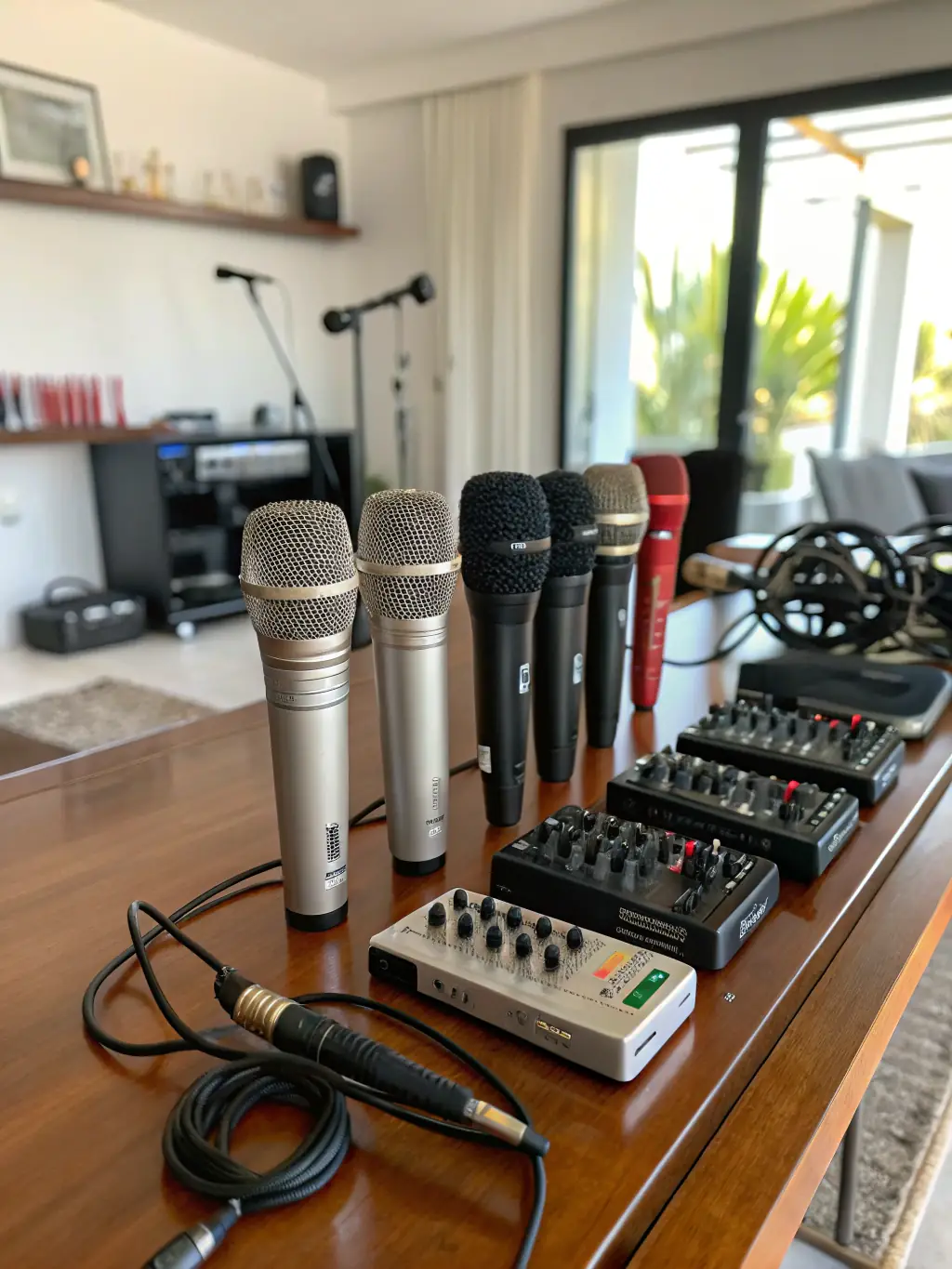 A high-quality sound system with microphones and audio interface, showcasing the audio recording capabilities of Nyvenza's podcast studios.