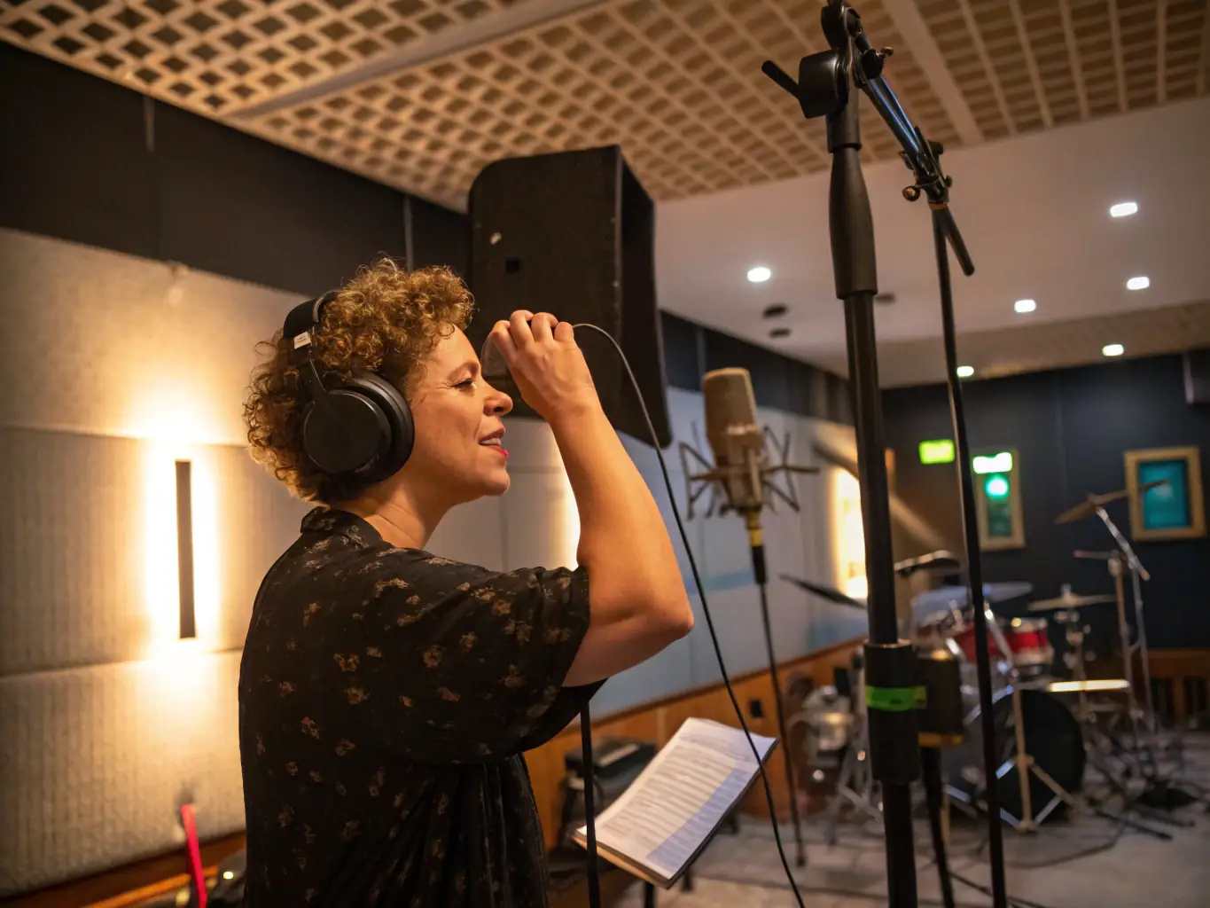 A podcaster recording a session in a Nyvenza podcast studio. The studio features soundproofing, professional microphones, and comfortable seating, highlighting the ideal environment for audio production.