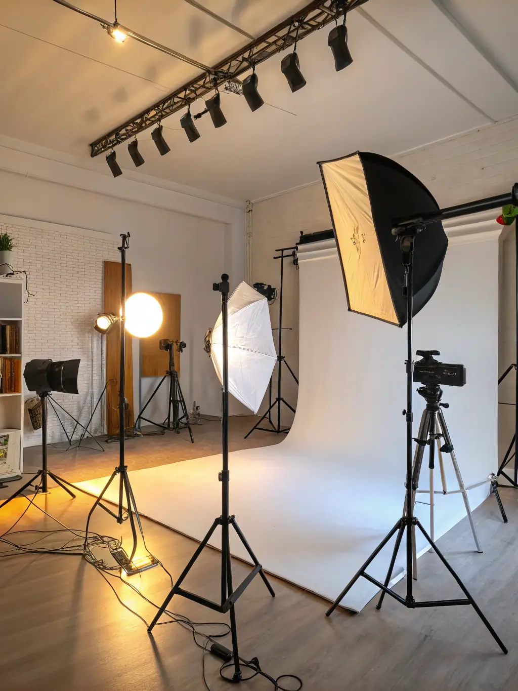 A professional studio lighting setup with various softboxes and reflectors, highlighting the quality of lighting equipment available at Nyvenza.